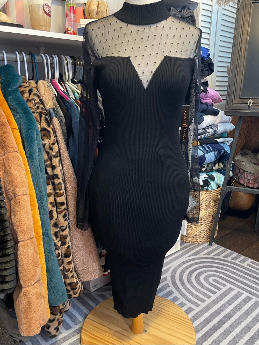 Almost Famous Black Sheer Dot Yoke Ribbed Midi Dress